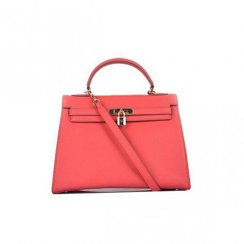 Modne torebki Hermes Kelly 32 cm, jasnoczerwona skóra cielęca, złoto