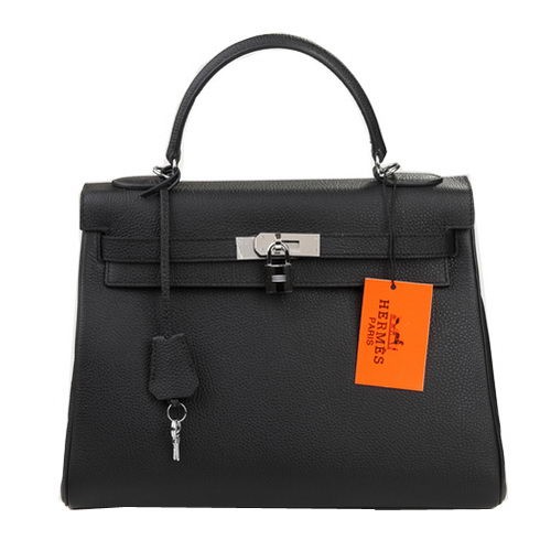 Hermes Kelly 32cm Torebka na ramię Czarna Oryginalna Skóra K32 Srebrna