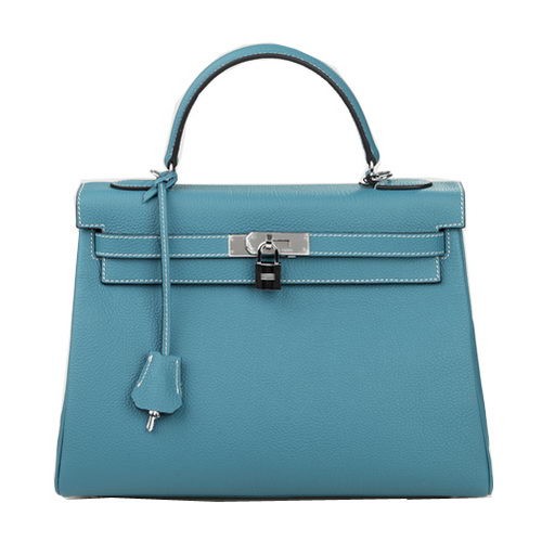Torebka na ramię Hermes Kelly 32 cm, jasnoniebieska, oryginalna, skórzana, K32, srebrna