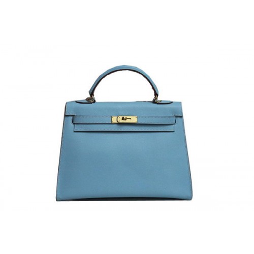 Hermes Kelly 32cm Torebka na ramię Jasnoniebieska skóra Saffiano K32 Złota
