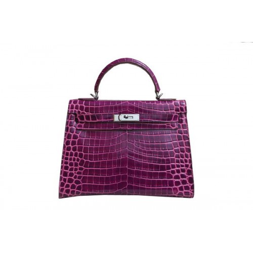 Hermes Kelly 32cm torebka na ramię fioletowa skóra krokodyla lakierowana K32 srebrna