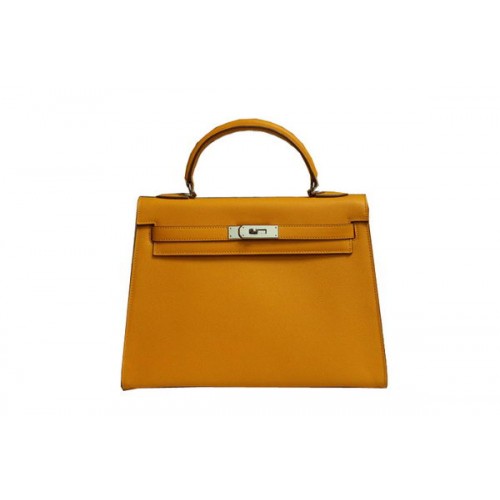 Hermes Kelly 32cm Torba na ramię Żółta skóra Saffiano K32 Srebrna