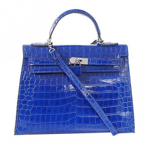 Torebki na ramię Hermes Kelly 32 cm, niebieska, opalizująca skóra krokodyla, złoto