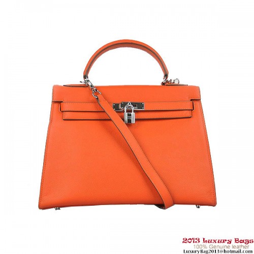 Torebki na ramię Hermes Kelly 32 cm H6108 Pomarańczowa skóra srebrna