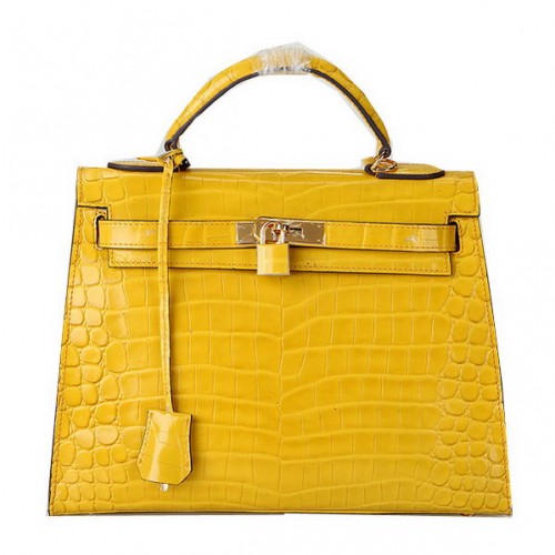 Torebki na ramię Hermes Kelly 32 cm, żółta, opalizująca skóra krokodyla, złoto