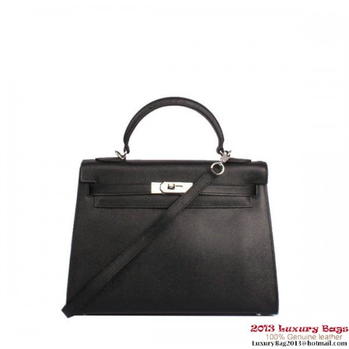Hermes Kelly 32cm Torebka z uchwytem u góry, czarna, skóra Togo, srebrna