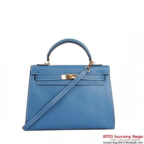 Hermes Kelly 32cm Torebka z uchwytem u góry Niebieska skóra Togo Złota