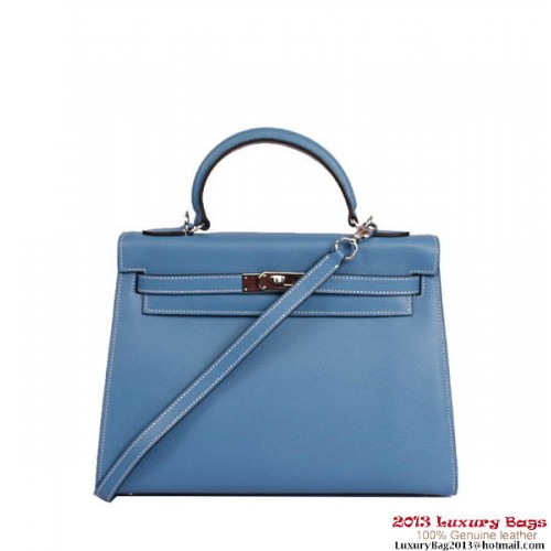 Hermes Kelly 32cm Torebka z uchwytem u góry Niebieska skóra Togo Srebrna