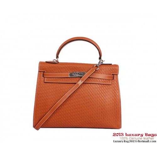 Hermes Kelly 32 cm Torba z uchwytem u góry, skóra kamelowa, srebrna