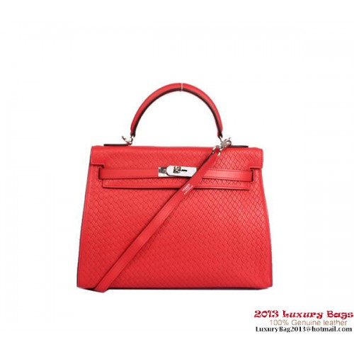 Hermes Kelly 32 cm Torebka z uchwytem u góry Jasnoczerwona pleciona skóra srebrna