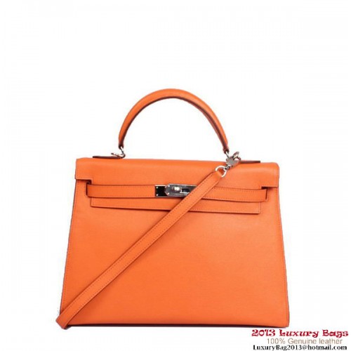 Hermes Kelly 32 cm Torba z uchwytem u góry Pomarańczowa skóra Togo Srebrna