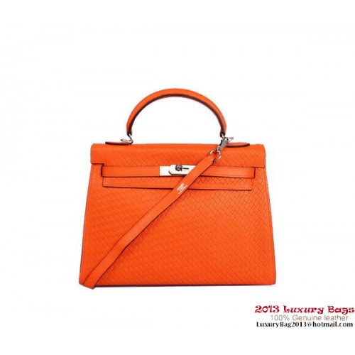 Hermes Kelly 32 cm Torba z uchwytem u góry Pomarańczowa pleciona skóra Srebrna
