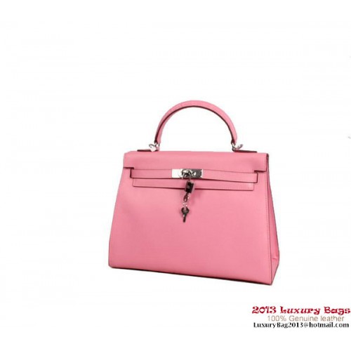 Hermes Kelly 32cm Torebka z uchwytem u góry, różowa, skóra Togo, srebrna