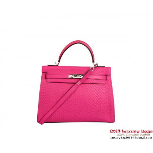 Hermes Kelly 32 cm Torebka z uchwytem u góry, różowa, tkana skóra, srebrna