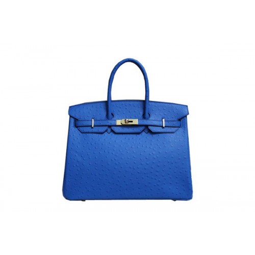 Hermes Kelly 35 cm Torebka z uchwytem u góry Niebieska skóra strusia Złota