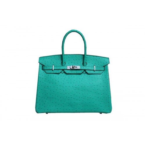 Hermes Kelly 35 cm Torebka z uchwytem u góry Zielona skóra strusia Srebrna