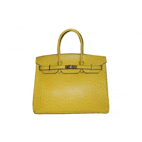 Hermes Kelly 35 cm Torebka z uchwytem u góry, cytrynowa, skóra strusia, złota