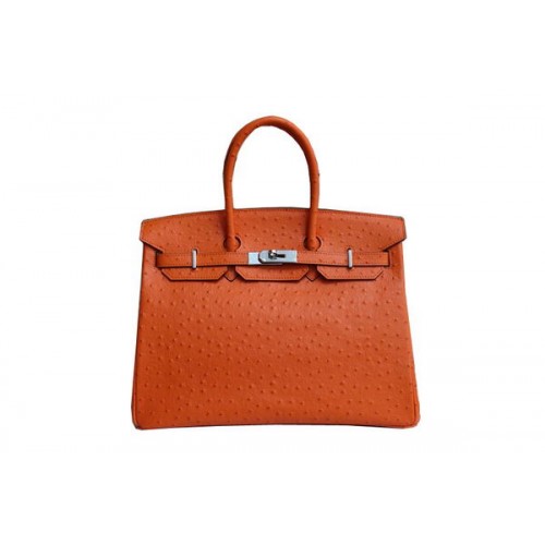 Hermes Kelly 35 cm Torba z uchwytem u góry Pomarańczowa skóra strusia Srebrna