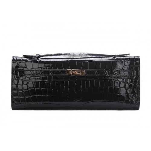 Hermes Kelly Clutch Bag Croco Leather K1002 Black