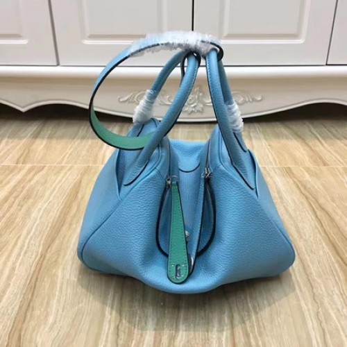 Hermes Lindy 30CM Oryginalna skórzana torba na ramię LD30 Niebiesko-zielona
