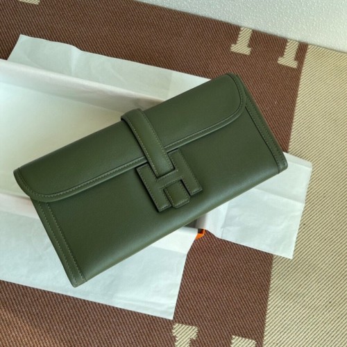 Hermes Original Jige Swift Leather Clutch 37088 blackish green