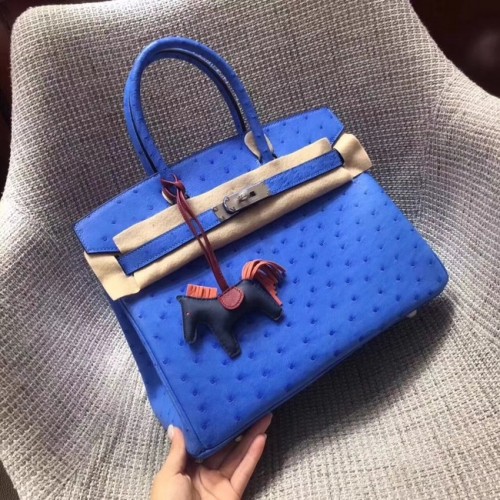 Torebka Hermes Birkin ze skóry strusia BK35 niebieska
