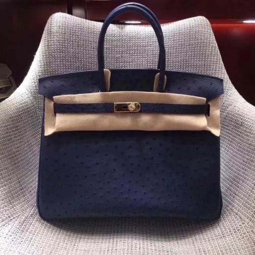 Torebka Hermes Birkin ze skóry strusia BK35 ciemnoniebieska