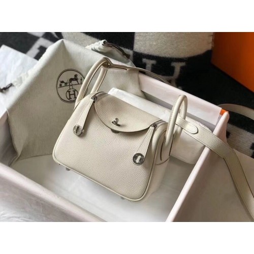 Hermes mini Lindy Original Togo Leather Bag LD19 White&Silver-Tone Metal