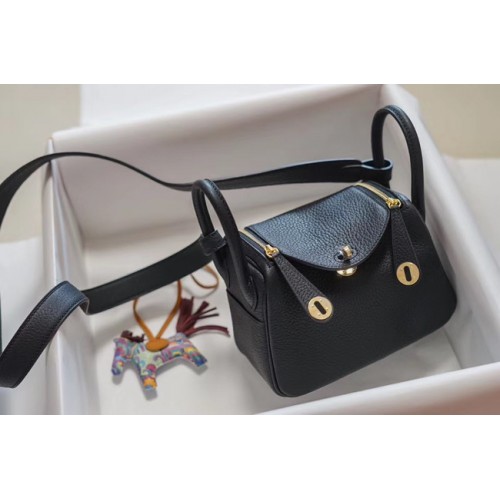 Hermes mini Lindy Togo Leather Bag LD19 black&gold-Tone Metal