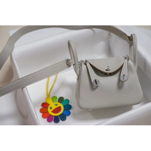 Hermes mini Lindy Togo Leather Bag LD19 grey&Silver-Tone Metal