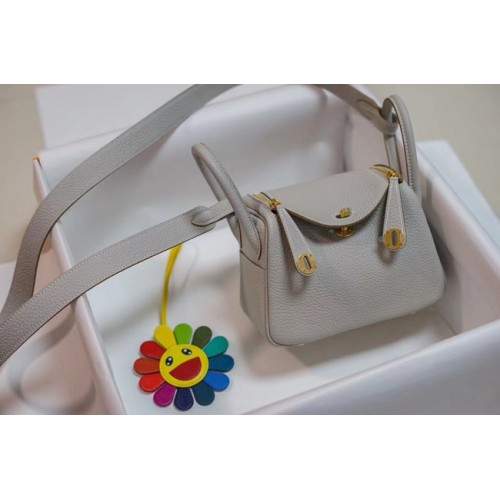 Hermes mini Lindy Togo Leather Bag LD19 grey&gold-Tone Metal