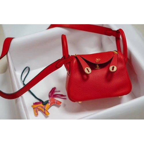 Hermes mini Lindy Togo Leather Bag LD19 red&gold-Tone Metal