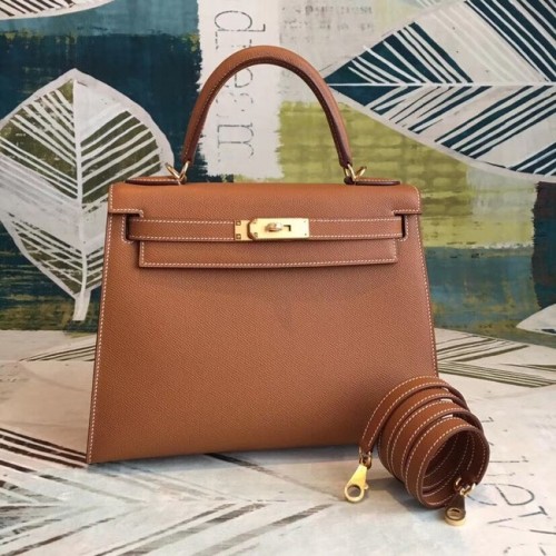 Oryginalna torebka Hermes Kelly Epsom Leather KL32 brązowa