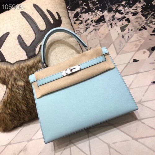 Oryginalna torebka Hermes Kelly Epsom Leather KL32 w kolorze jasnoniebieskim, ze srebrnymi okuciami