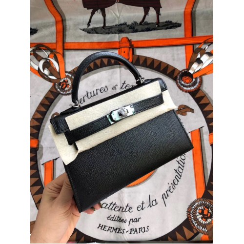 Hermes original mini Kelly chevre mysore K19CM black&silver Metal