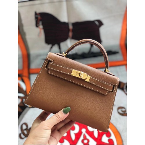 Hermes original mini Kelly chevre mysore K19CM brown&Gold Metal