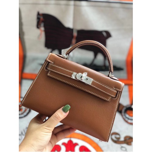 Hermes original mini Kelly chevre mysore K19CM brown&silver Metal