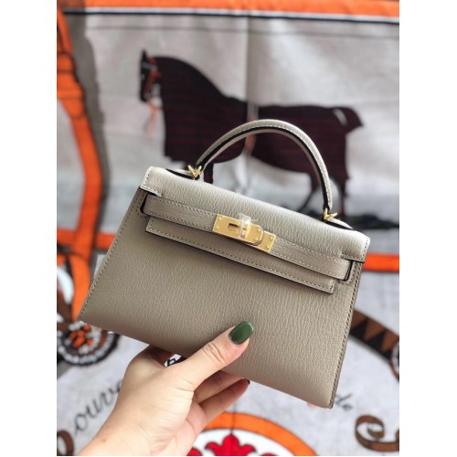 Hermes original mini Kelly chevre mysore K19CM light grey&Gold Metal