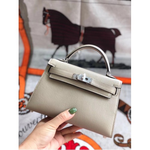 Hermes original mini Kelly chevre mysore K19CM light grey&silver Metal