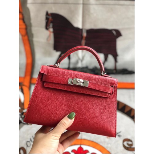 Hermes original mini Kelly chevre mysore K19CM red&silver Metal