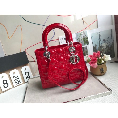 LADY DIOR MY ABCDIOR Torebka ze skóry lakierowanej Czerwona M05389 Srebrna