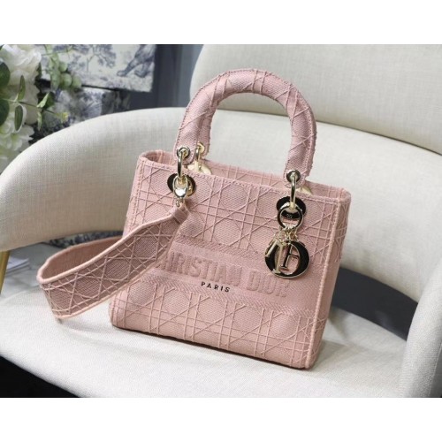 TORBA LADY DIOR Z HAFTU PŁÓTNA C4532, różowe, złote okucia
