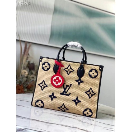 Torba typu tote Louis Vuitton Onthego Monogram Raffia Giant Weave z haftem średniej wielkości M57723 w kolorze niebieskim