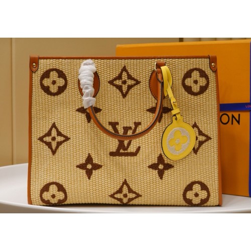 Louis Vuitton Onthego Monogram Raffia Giant Weave Haft Średnia torba typu tote Bag M57723 Brązowa