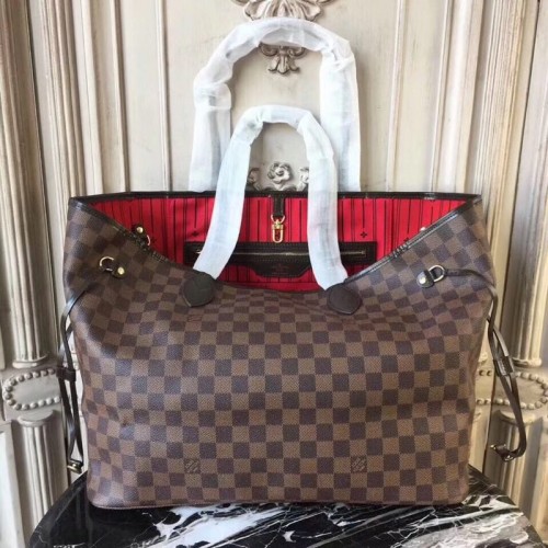 Oryginalne płótno Louis Vuitton Damier Ebene Neverfull GM N51106 Czerwone