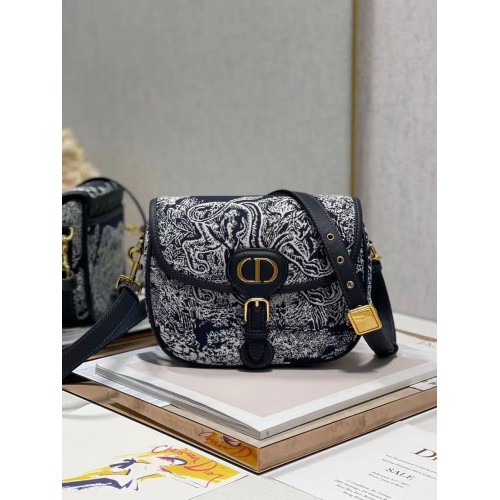 ŚREDNIA TOREBKA DIOR BOBBY BAG Warm Taupe Box Oblique Haft C9268 ciemnoniebieska