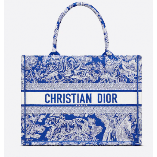 ŚREDNIA DIOR BOOK TOTE Fluorescencyjny niebieski Toile de Jouy z odwróconym haftem M1296ZROC
