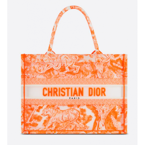 ŚREDNIA DIOR TOTE NA KSIĄŻKI Fluorescencyjny pomarańczowy Toile de Jouy Przezroczyste płótno M1296ZRVJ