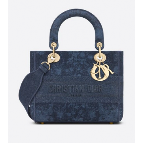 TOREBKA D-LITE MEDIUM LADY Niebieskie kwiaty Dior haftowany denim M0565OJA