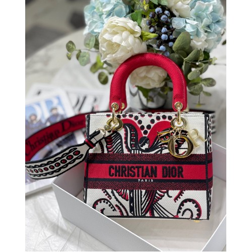 TOREBKA D-LITE ŚREDNIA M8002 Czerwona, wielokolorowa, haftowana arabeska Dior